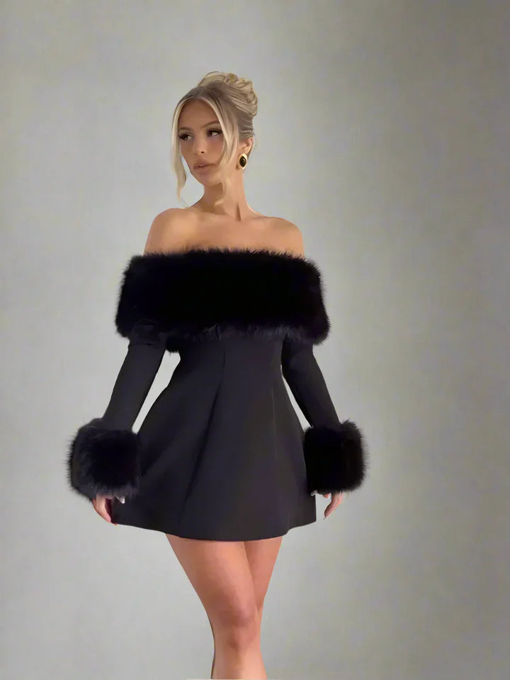 Clover - Elegant Fluffy Fur Collar Mini Dress
