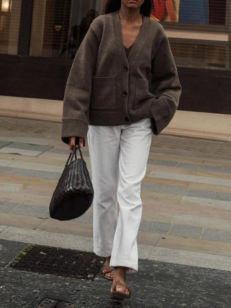 Elinor - Women's Knitted Cardigan Solid Color Long Sleeve