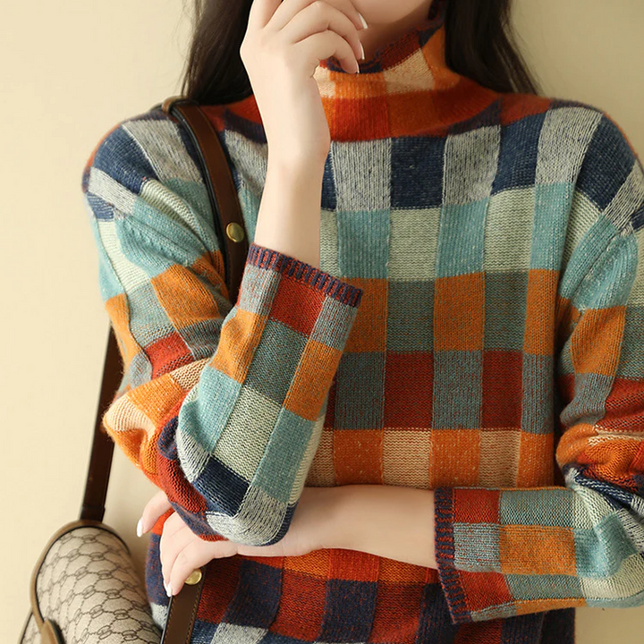 Ambrose – Chic Wool Knit Plaid Turtleneck Sweater