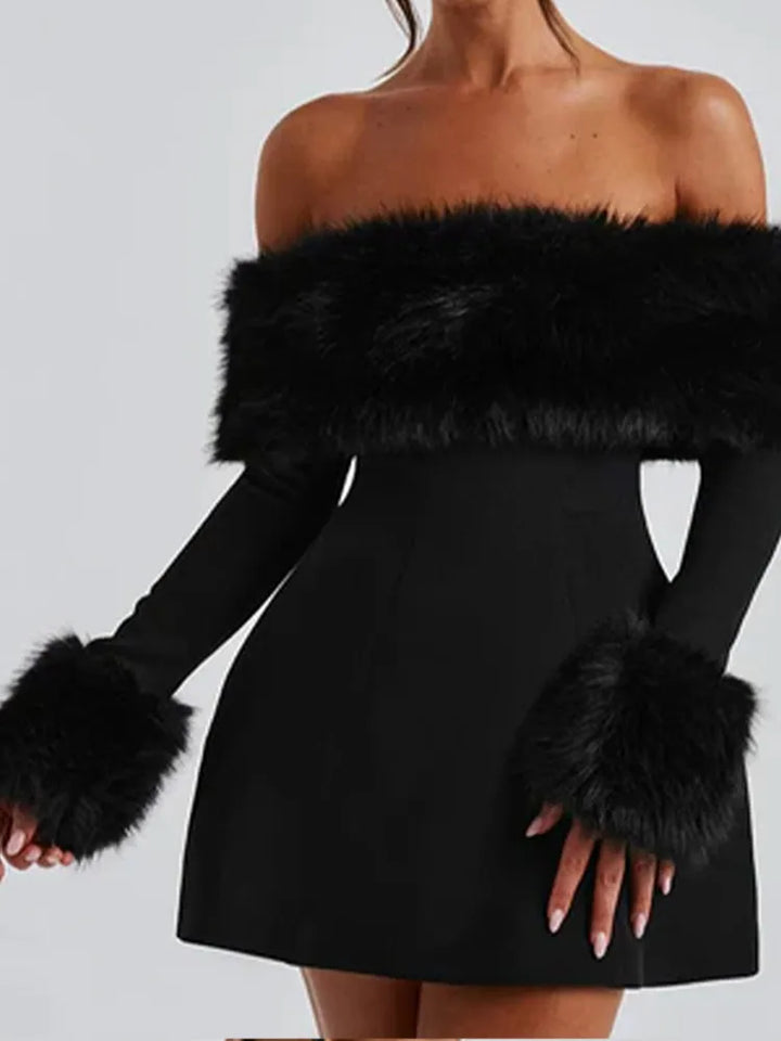 Clover - Elegant Fluffy Fur Collar Mini Dress