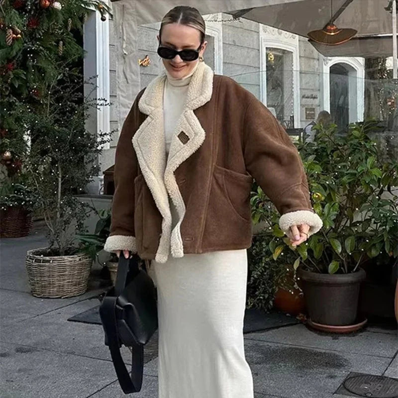 Cecily - French Vintage Lamb Wool Women Coat Patchwork