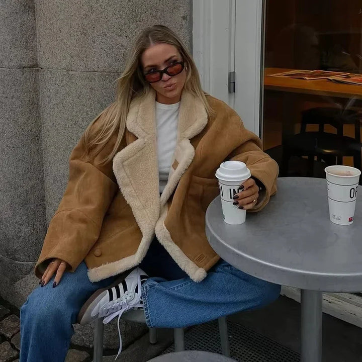 Cecily - French Vintage Lamb Wool Women Coat Patchwork